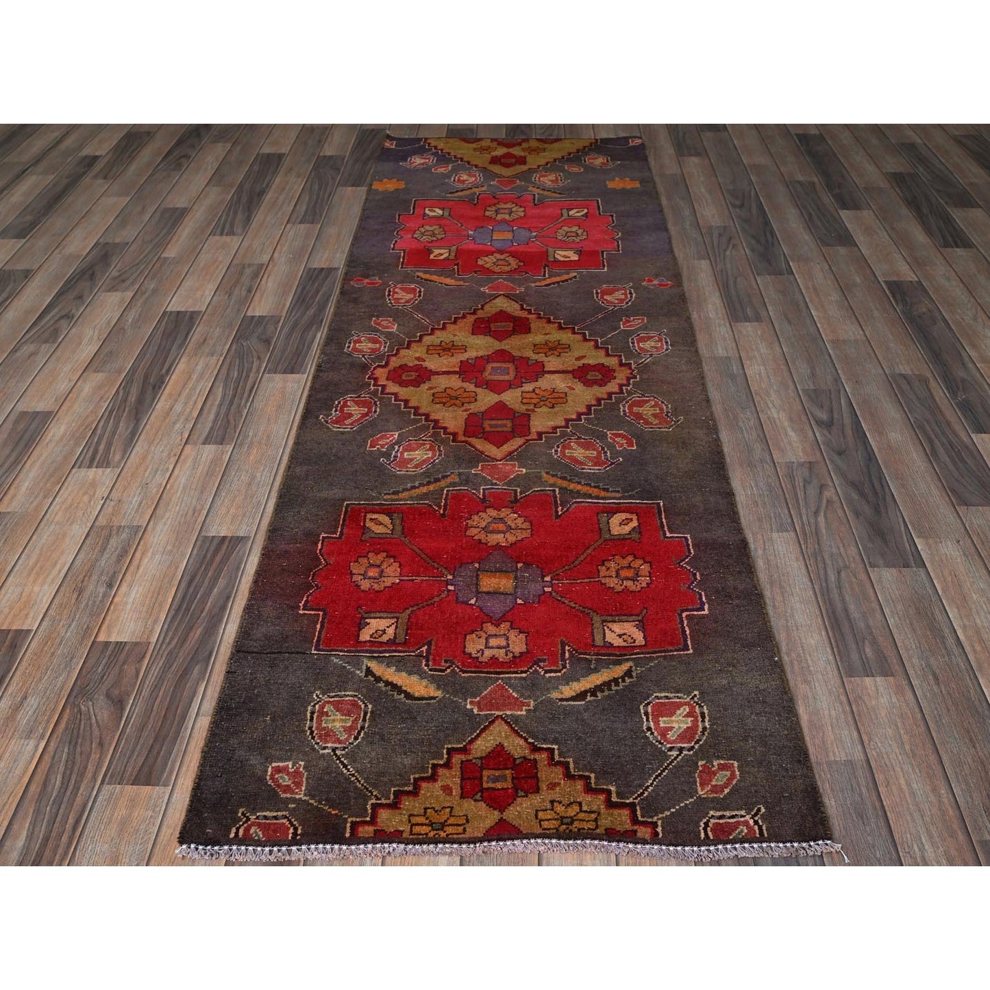 2'8"X7'10" Gray Vintage Zoroastrian Khamadan Hand Knotted Wool Runner Rug