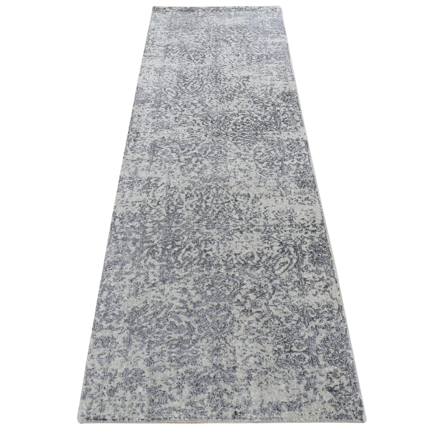 2'5"X10'1" Gray Fine Jacquard Hand Loomed Erased Wool/Silk Runner Rug