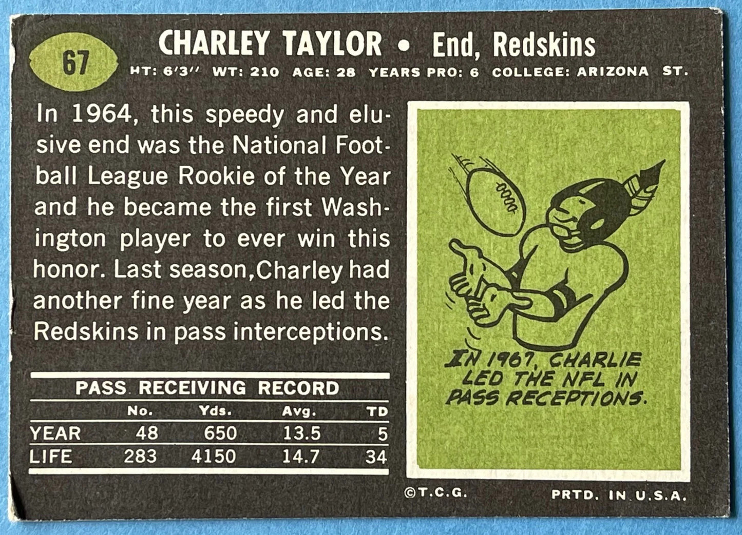 Charley Taylor Autographed 1969 Topps Football Card