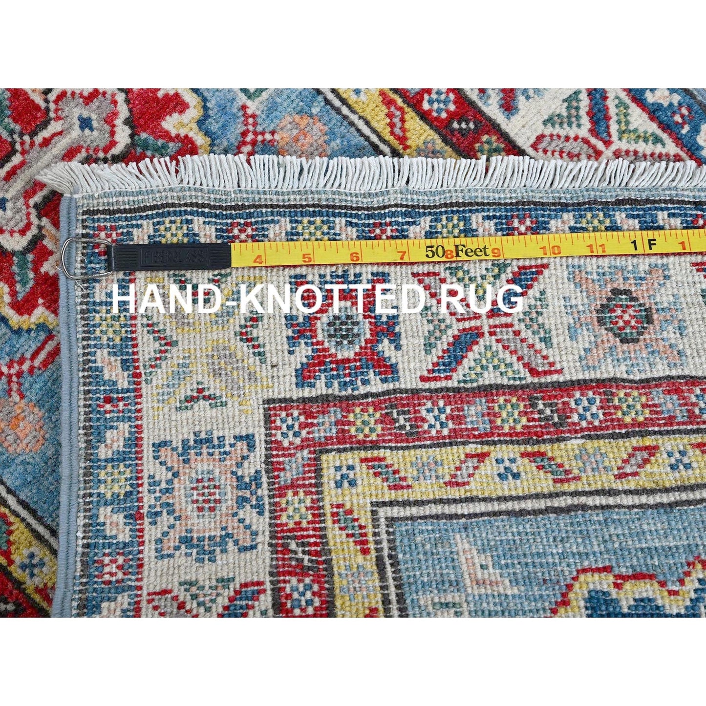 2'X6'6" Blue Kazak With Tribal Design Soft Wool Hand Knotted Runner Rug