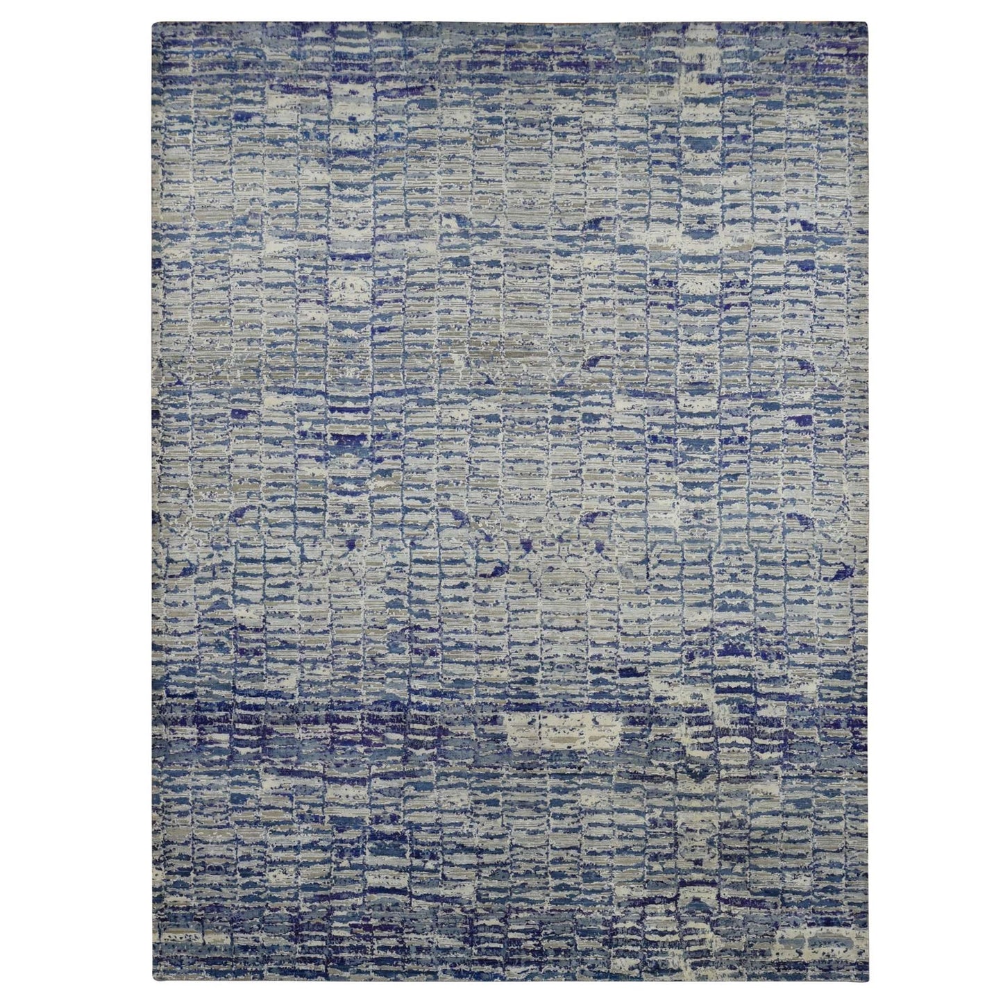 10'2"X13'10" Indigo Diminishing Bricks Sari Silk Hand Knotted Rug