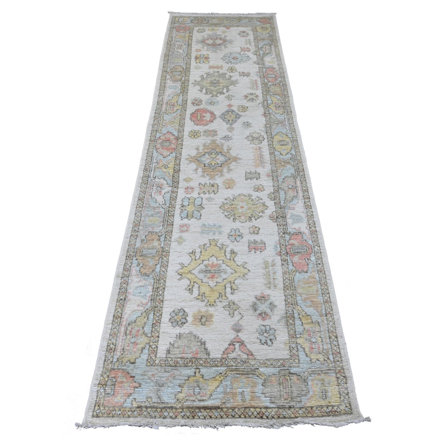 2'7"X9'8" White Wool Hand Knotted Angora Oushak Leaf Pattern Runner Rug