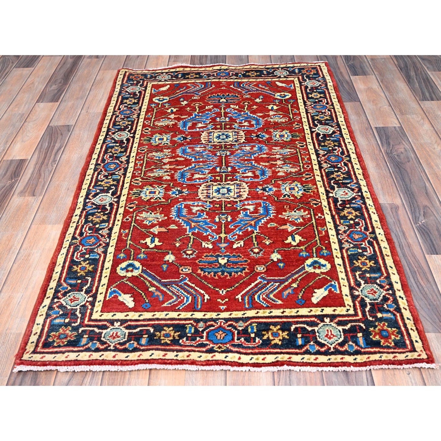 2'10"X4'7" Barn Red Seeripe Heris Design Soft Wool Hand Knotted Rug