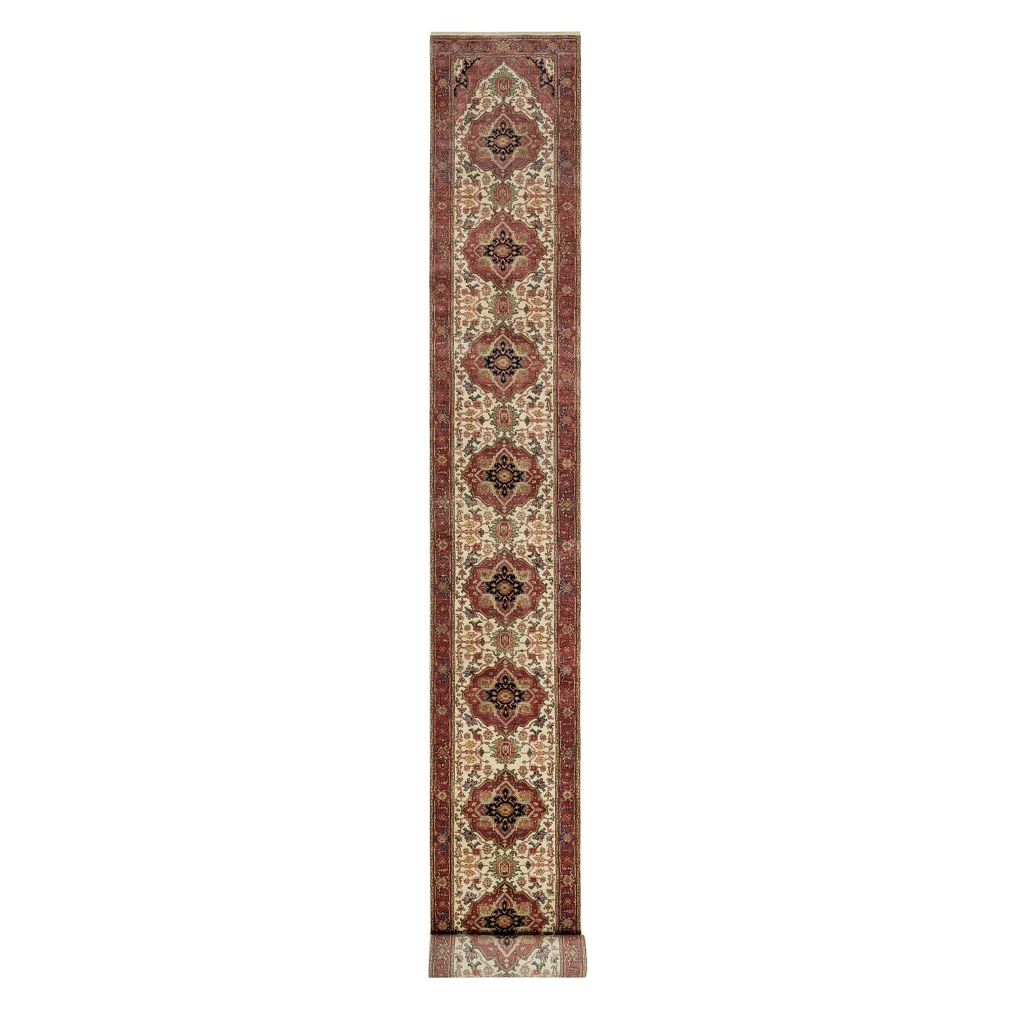 2'7"X25'5" Ivory Hand Knotted Antiqued Heris Re-Creation Wool Runner Rug