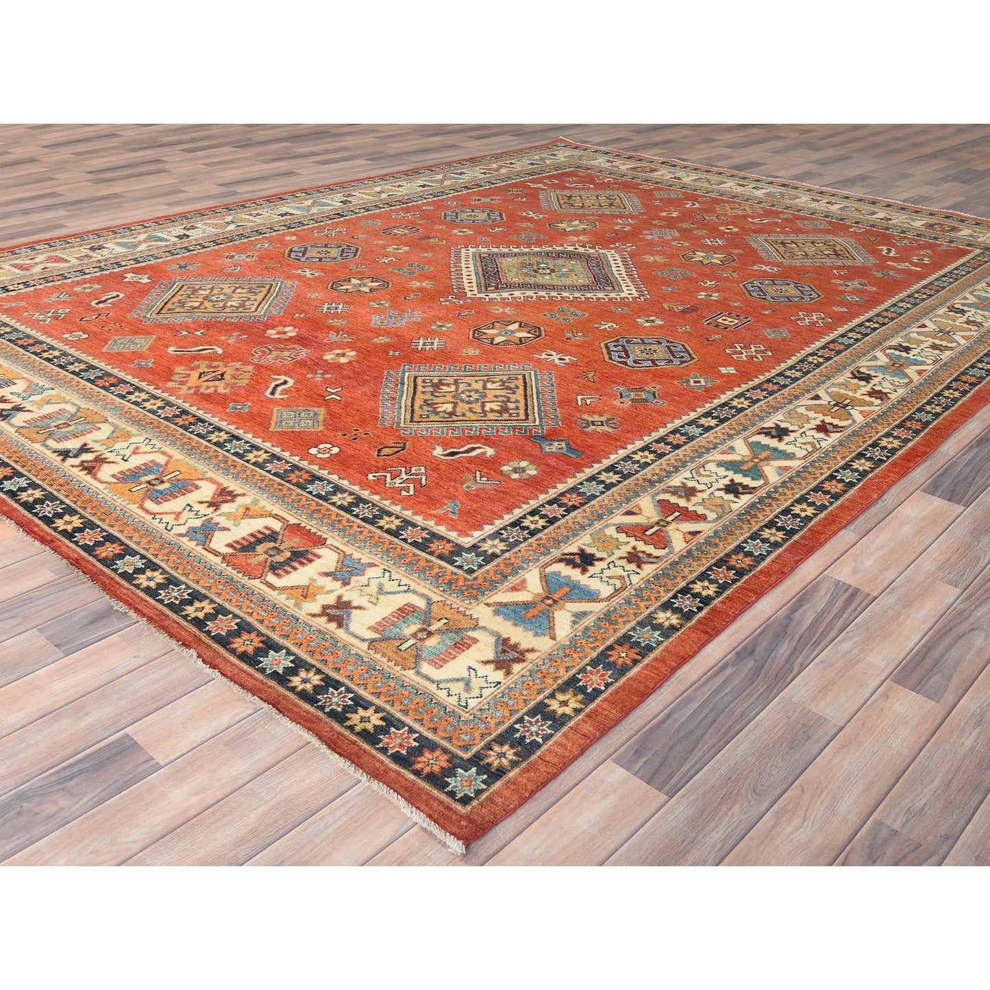 9'X11'9" Crimson Red Special Kazak Wool Hand Knotted Oriental Rug