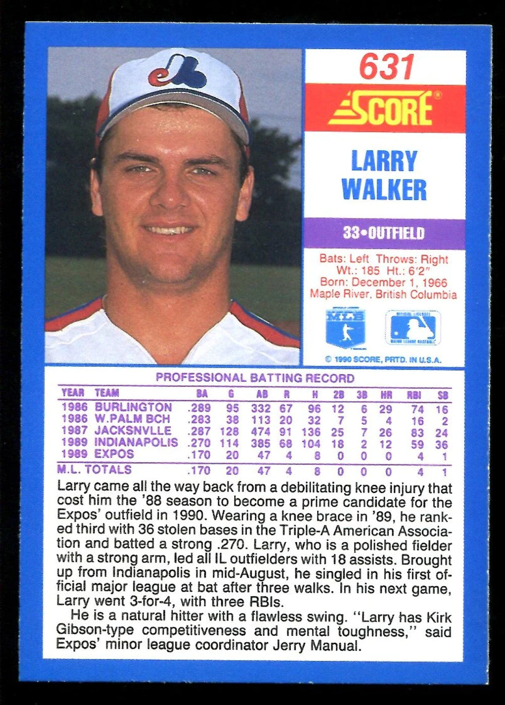 Larry Walker Unsigned 1990 Score Investment Lot