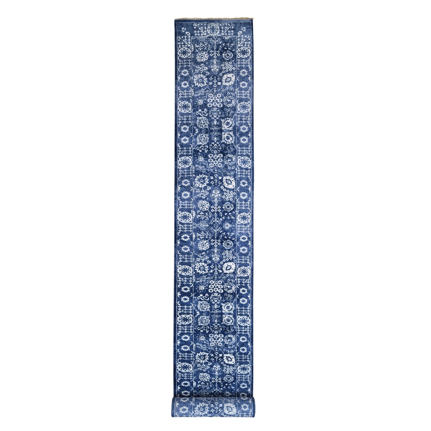 2'6"X23'10" Wool And Silk Blue Tebraz Hand Knotted Xl Runner Rug