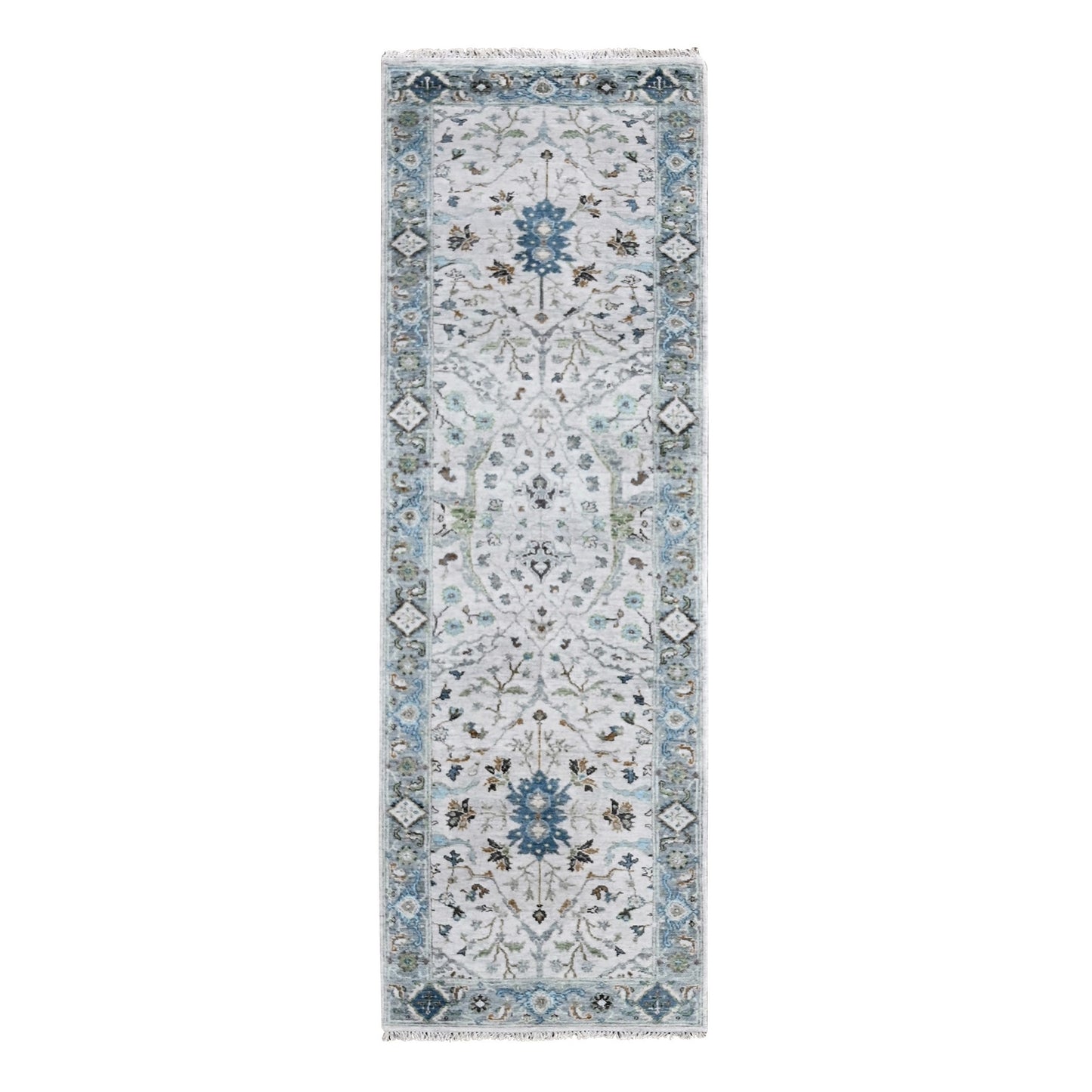 2'5"X7'9" White Denser Weave Oushak Pure Wool Hand Knotted Runner Rug