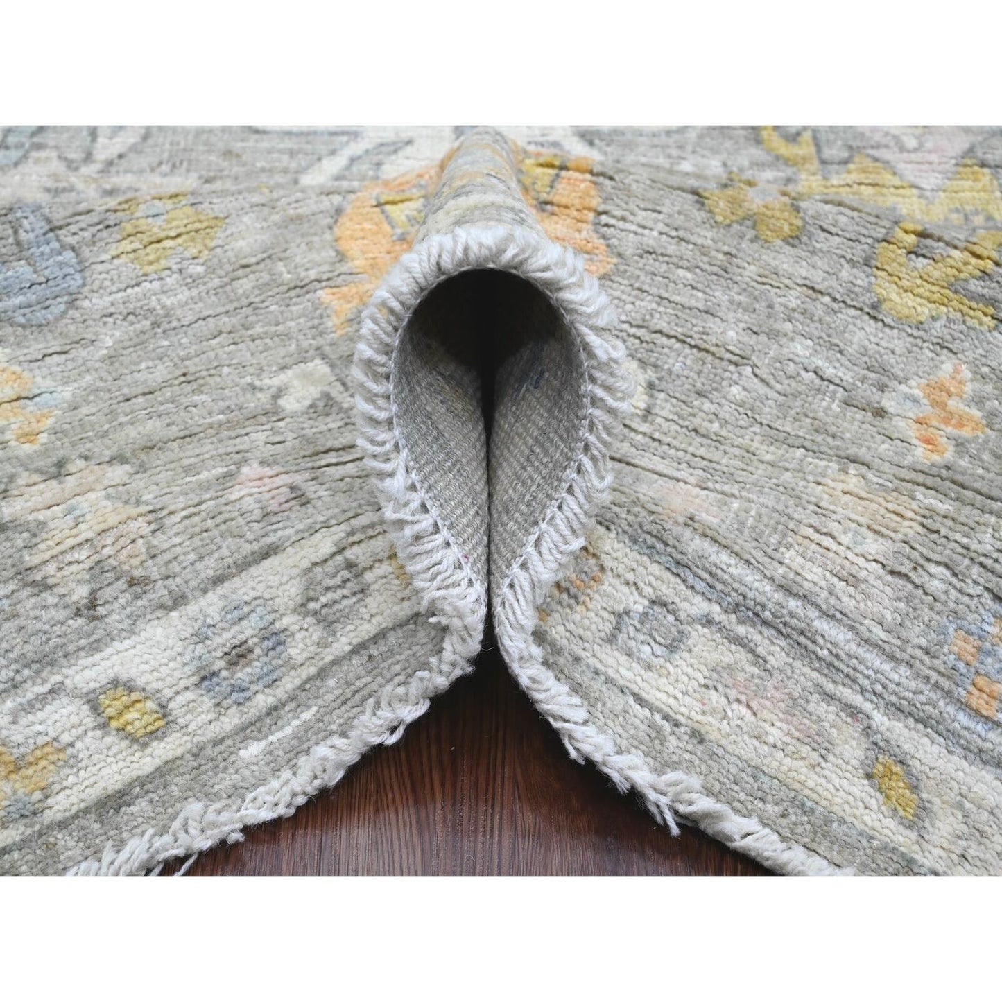 8'X9'7" Gray Afghan Angora Oushak Leaf Pattern Hand Knotted Pure Wool Rug