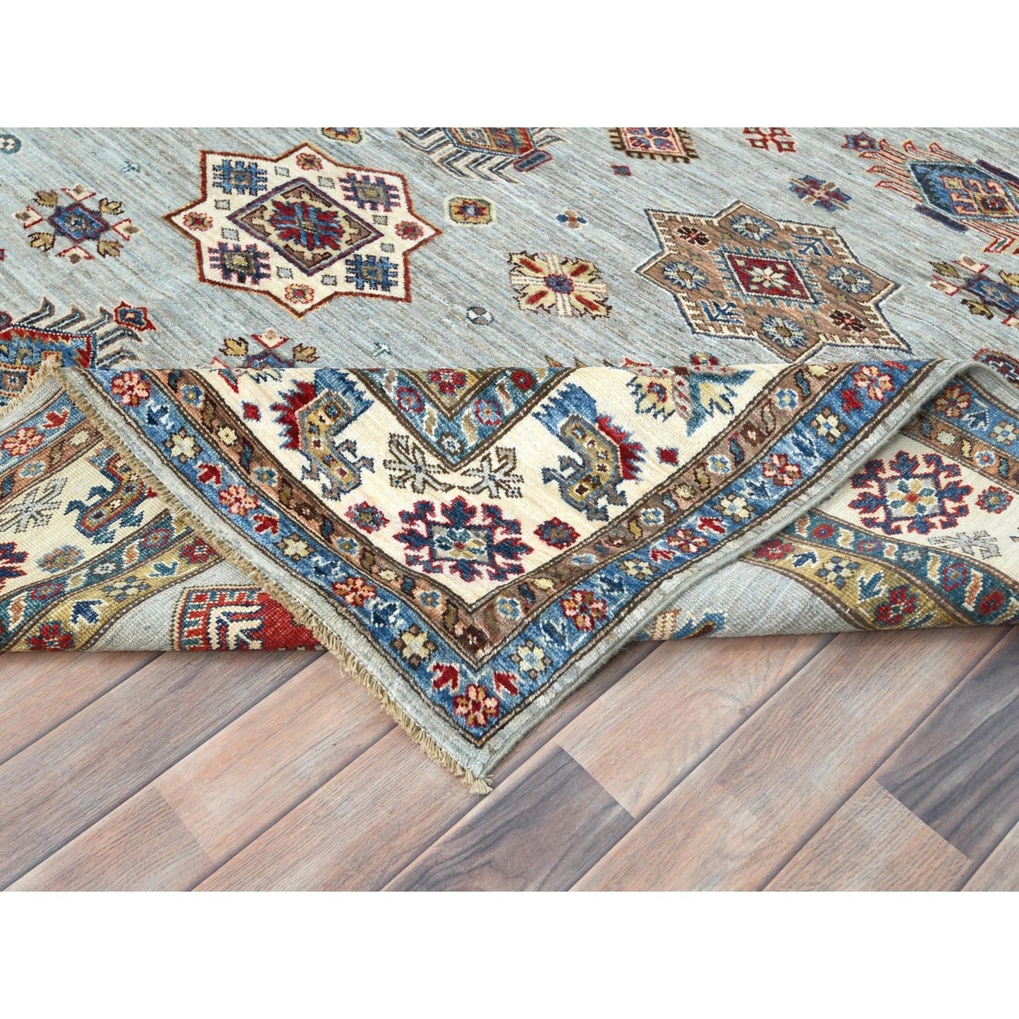 7'10"X9'10" Silver Blue Afghan Super Kazak Natural Wool Hand Knotted Rug