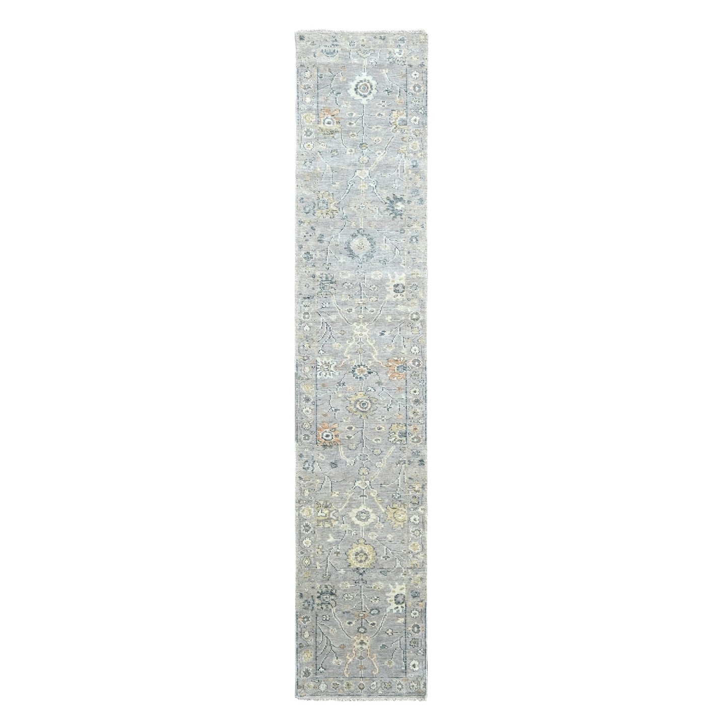 2'5"X13'10" Pastel Gray Oushak Design Hand Knotted Pure Wool Runner Rug