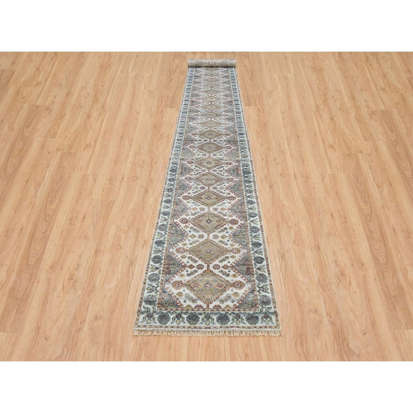 2'7"X18' Ivory Hand Knotted Flower Rosettes Border Xl Runner Oriental Rug