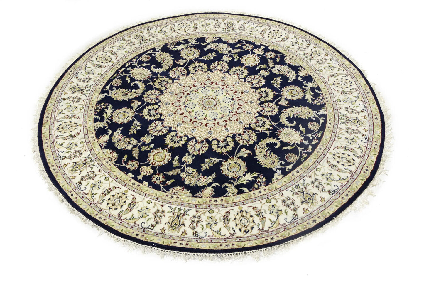7X7 Ft Round Indo-Nain Oriental Rug Handmade Dark