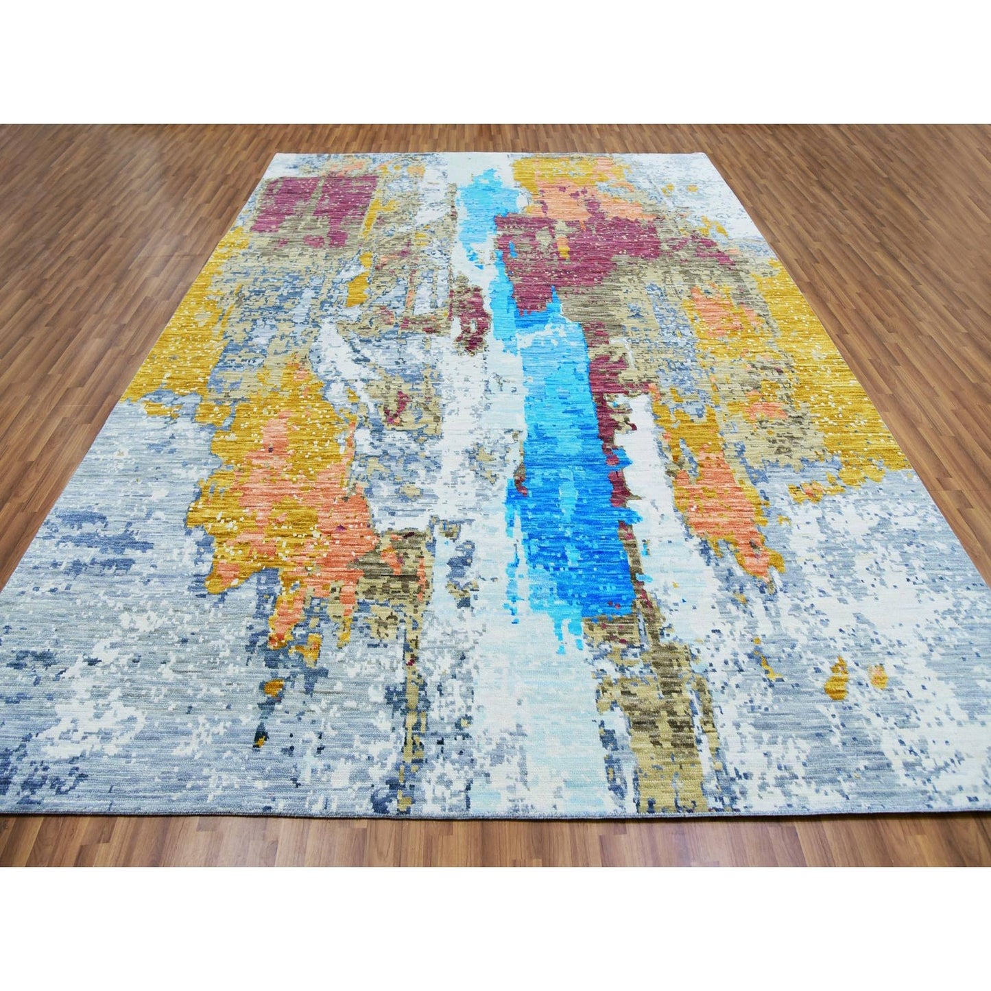 9'10"X13'8" Gray Colorful Modern Abstract 100% Wool Hand Knotted Rug