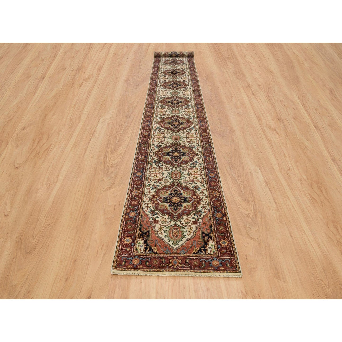 2'6"X18' Ivory Wool Heris Re-Creation Hand Knotted Xl Runner Oriental Rug