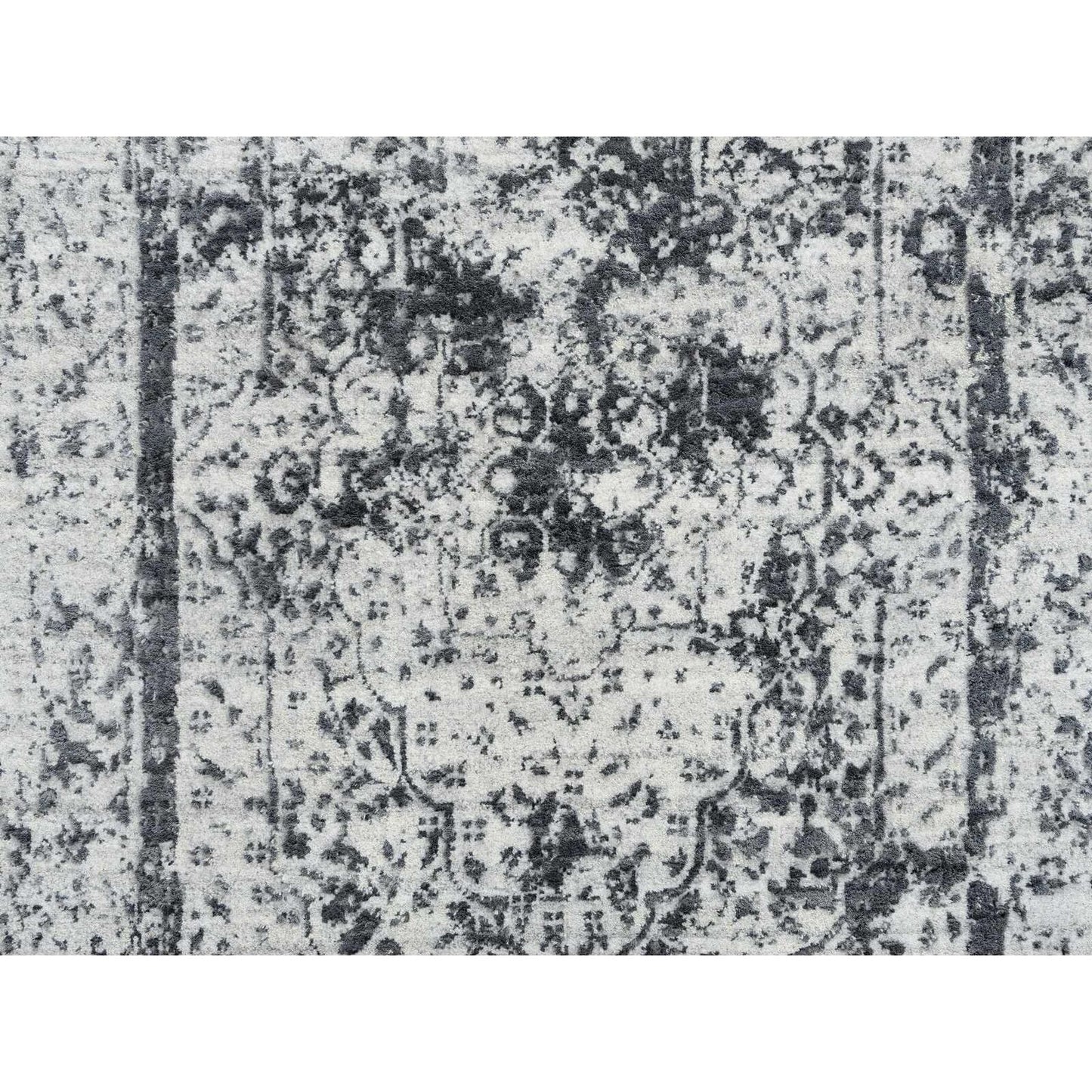 2'7"X12' Gray Wool/Silk Hand Knotted Erased Zoroastrian Design Runner Rug