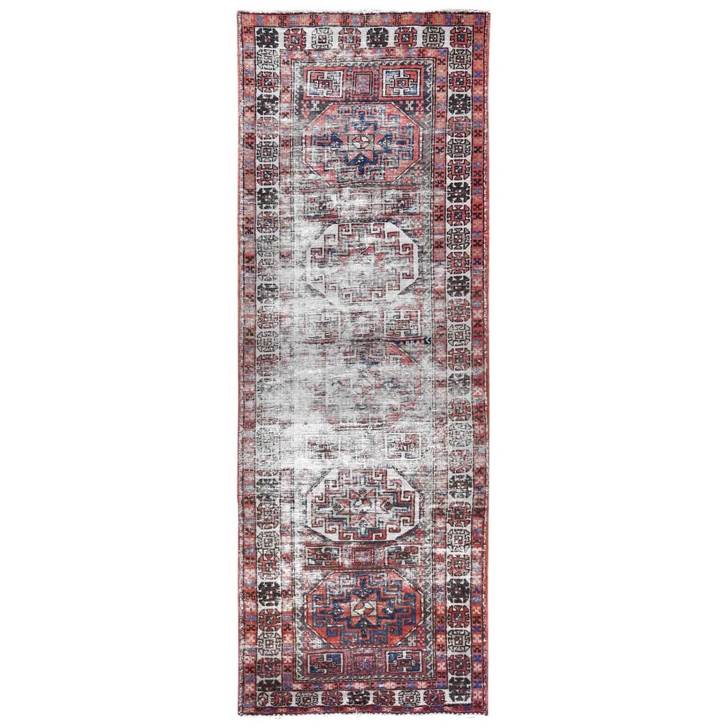 3'2"X9'5" Red Farsian Qashqairaz Distressed Wool Hand Knotted Runner Rug