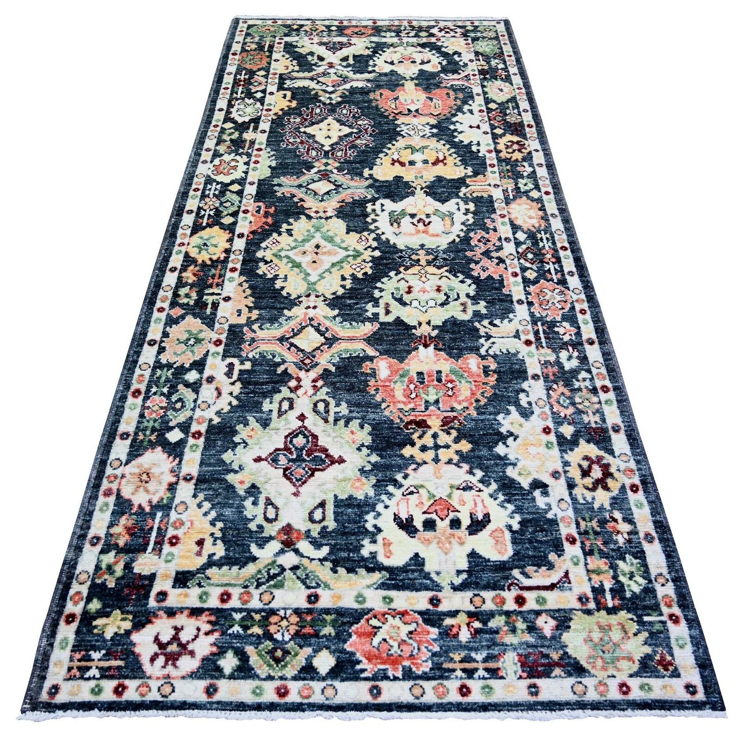 4'2"X9'6" Black Afghan Angora Oushak Wool Hand Knotted Wide Runner Rug
