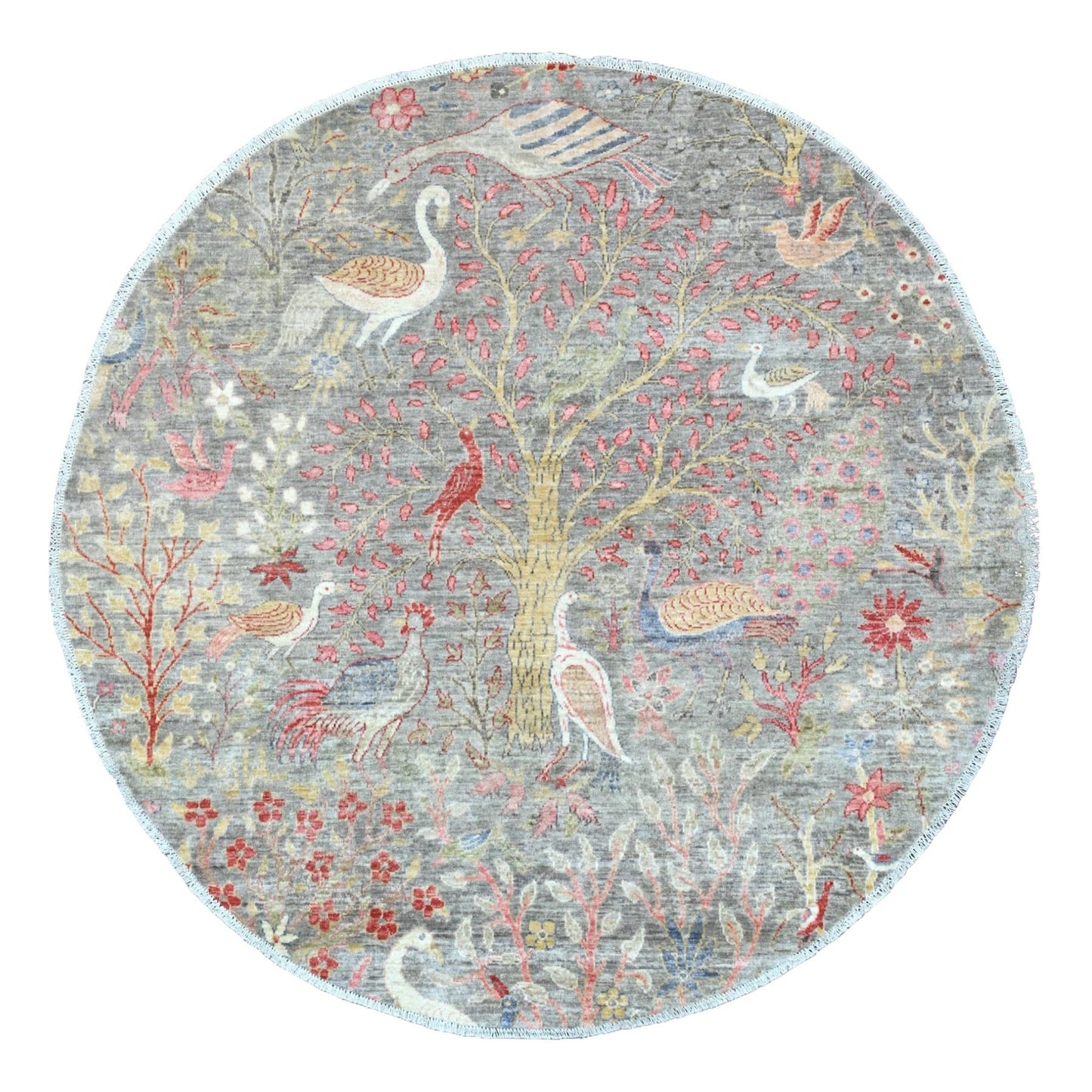 5'9"X5'9" Gray Hand Knotted Afghan Peshawar Birds Design Wool Round Rug