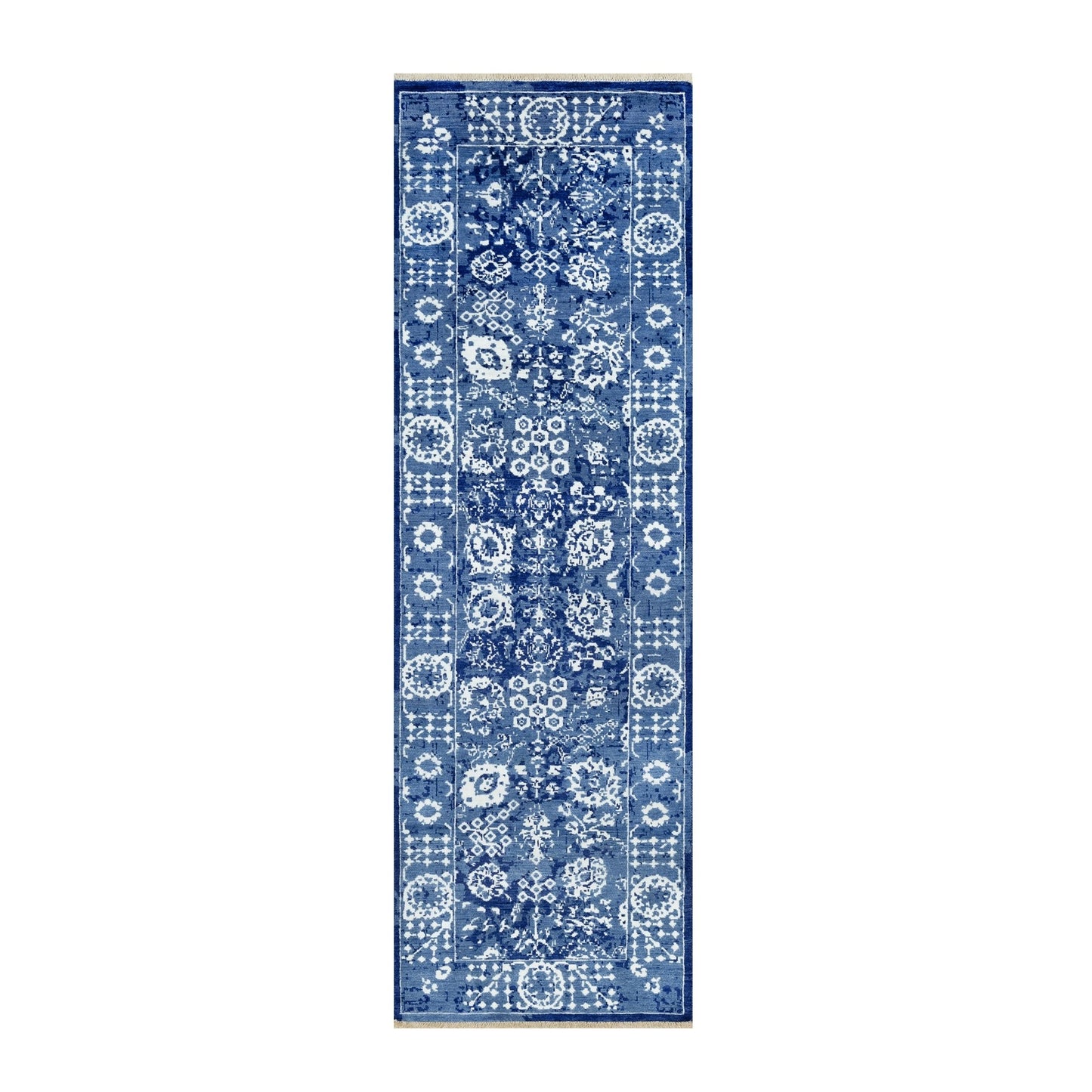 2'6"X8' Blue Hand Knotted Tebraz Leaf Design Wool And Silk Runner Rug
