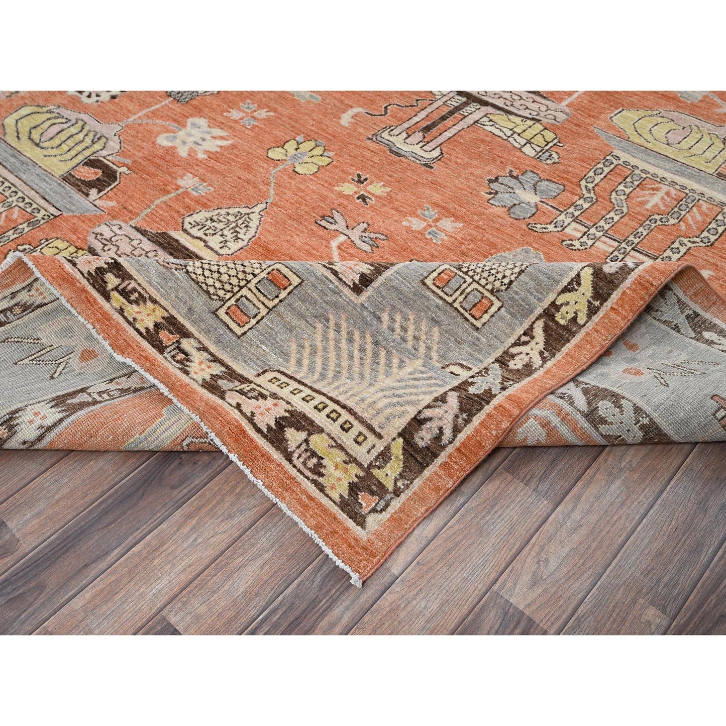 12'1"X14'6" Orange Khotan And Samarkand Design Hand Knotted Soft Wool Rug