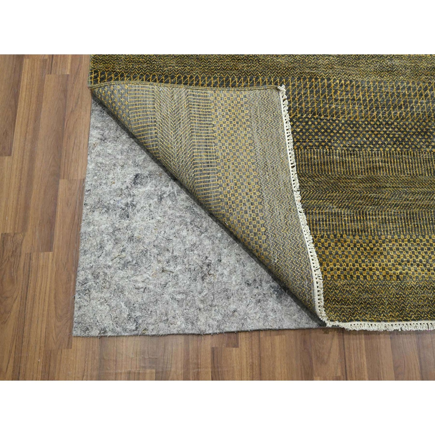 9'2"X12'6" Bone Brown Modern Grass Design Hand Knotted Wool And Silk Rug
