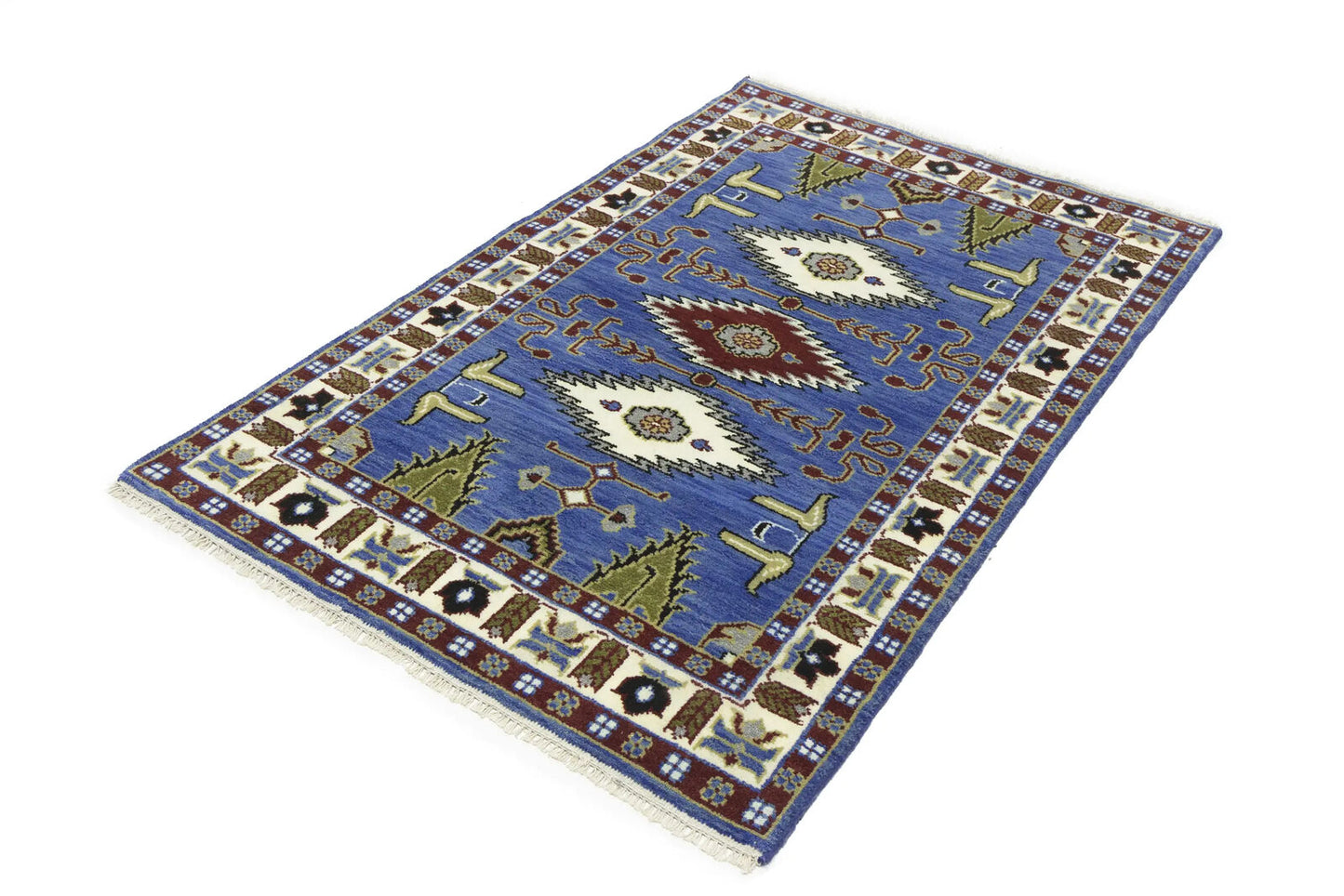 Hand-Knotted Kazak Oriental Rug 4X6 Ft Blue