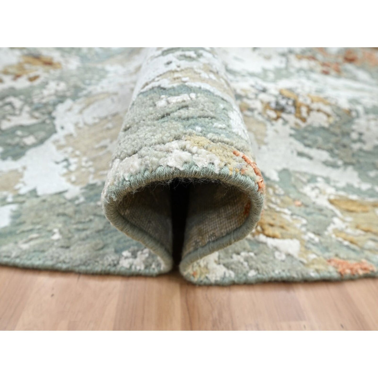8'X8' Gray With Peach Abstract Design Pure Wool Hand Knotted Round Rug
