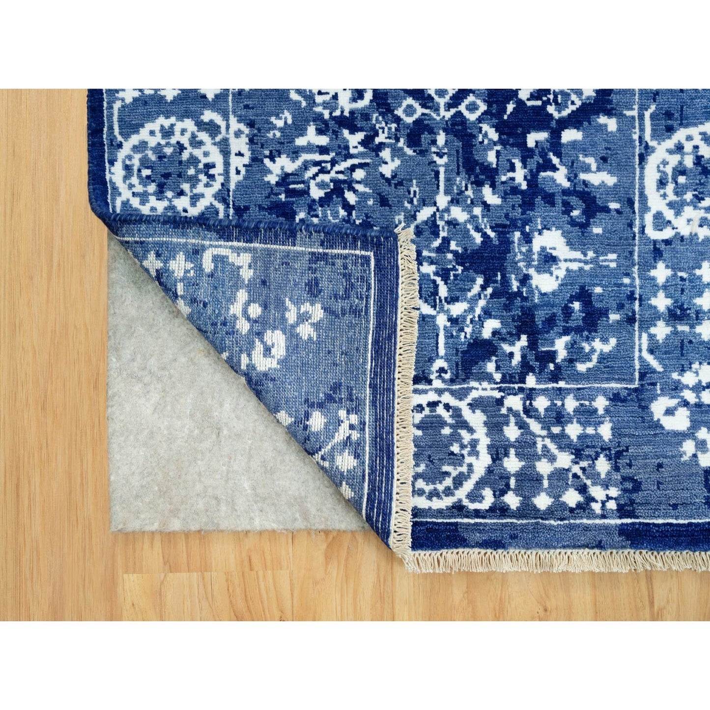 2'6"X8' Blue Hand Knotted Tebraz Leaf Design Wool And Silk Runner Rug