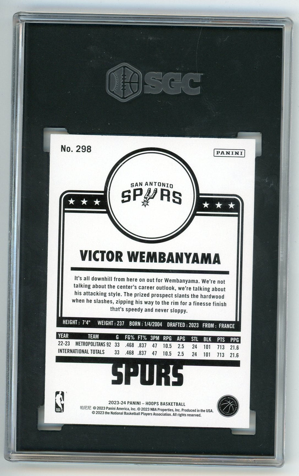 Victor Wembanyama 2023-24 Panini Hoops Rookie Card #298 Sgc 10