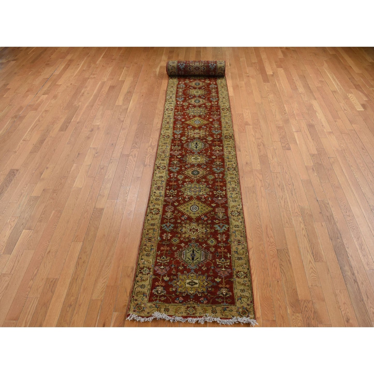 2'7"X19'10" Brick Red Hand Knotted Xl Runner Karjihooz Design Wool Rug