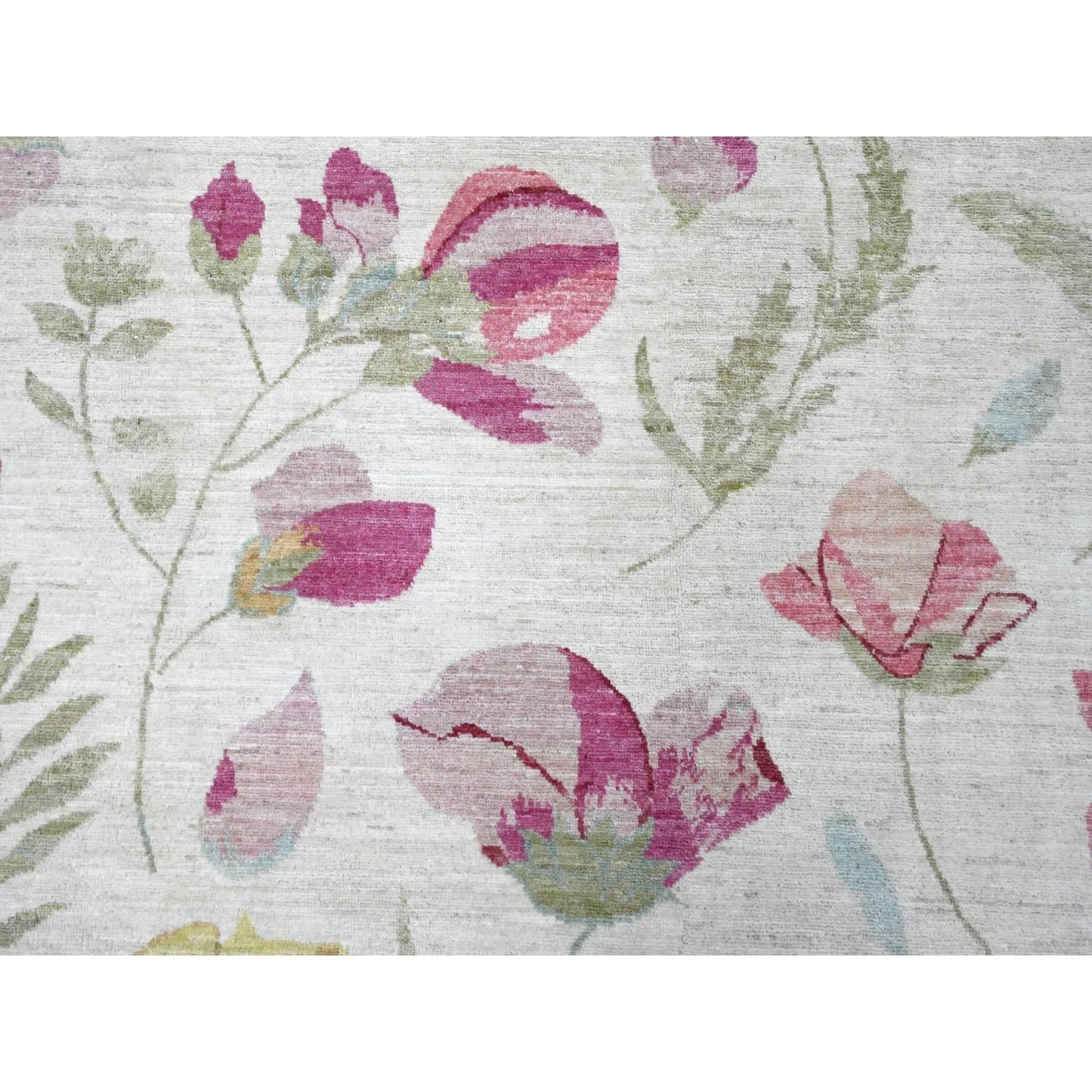 9'X11'9" White Colorful Botanical Garden Design All Wool Hand Knotted Rug