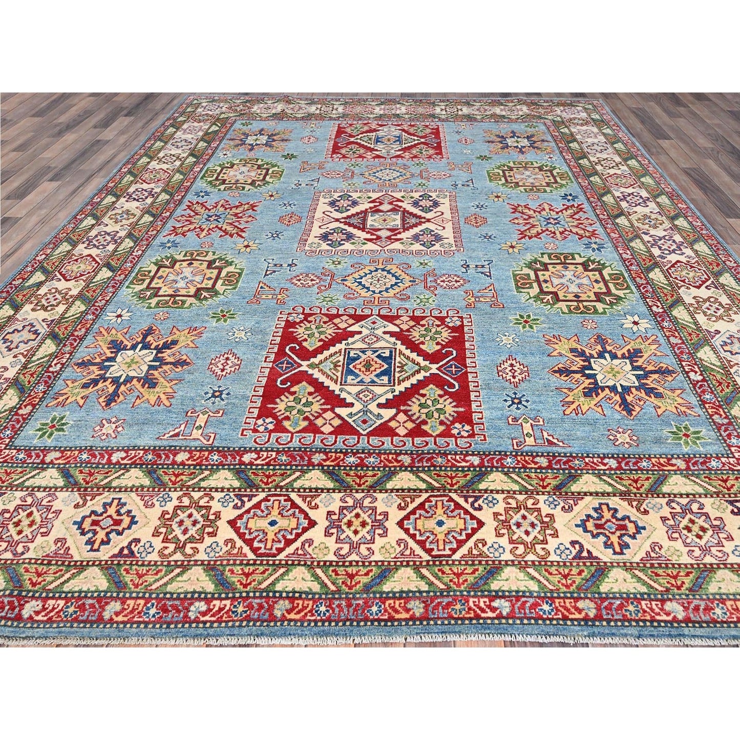 9'X11'9" Blue Hand Knotted Kazak Tribal Pattern Pure Wool Oriental Rug