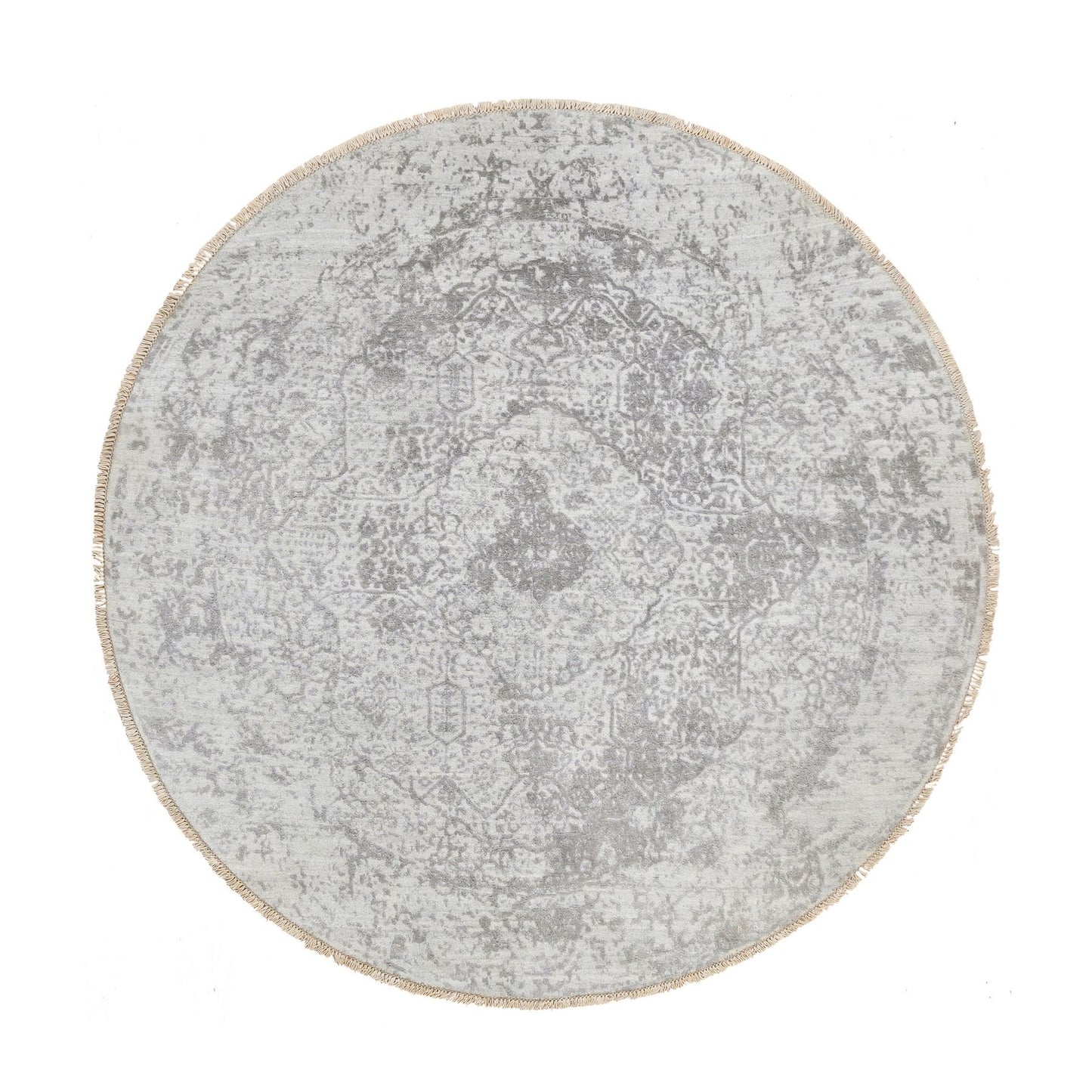 6'7"X6'7" Gray Hand Knotted Broken Farsian Design Wool And Silk Round Rug