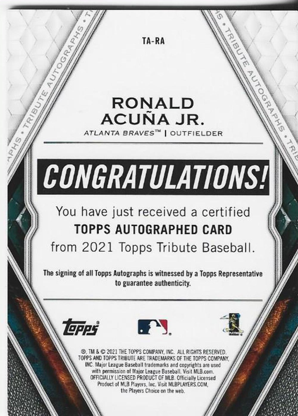 Ronald Acuna Jr 2021 Topps Tribute Autographed Card 20/25 #Ta-Ra