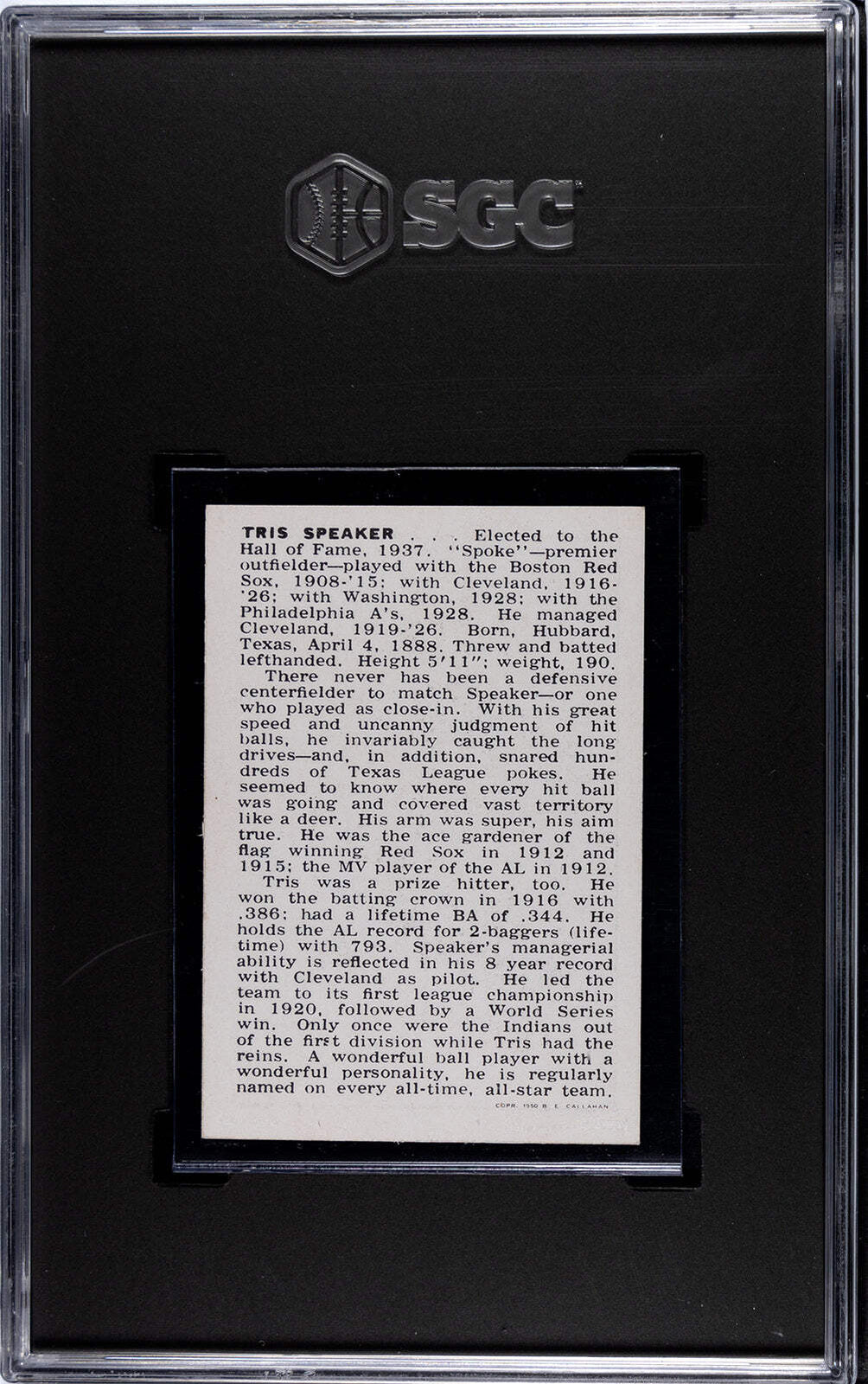 Tris Speaker 1950-56 Callahan Hof Sgc 8