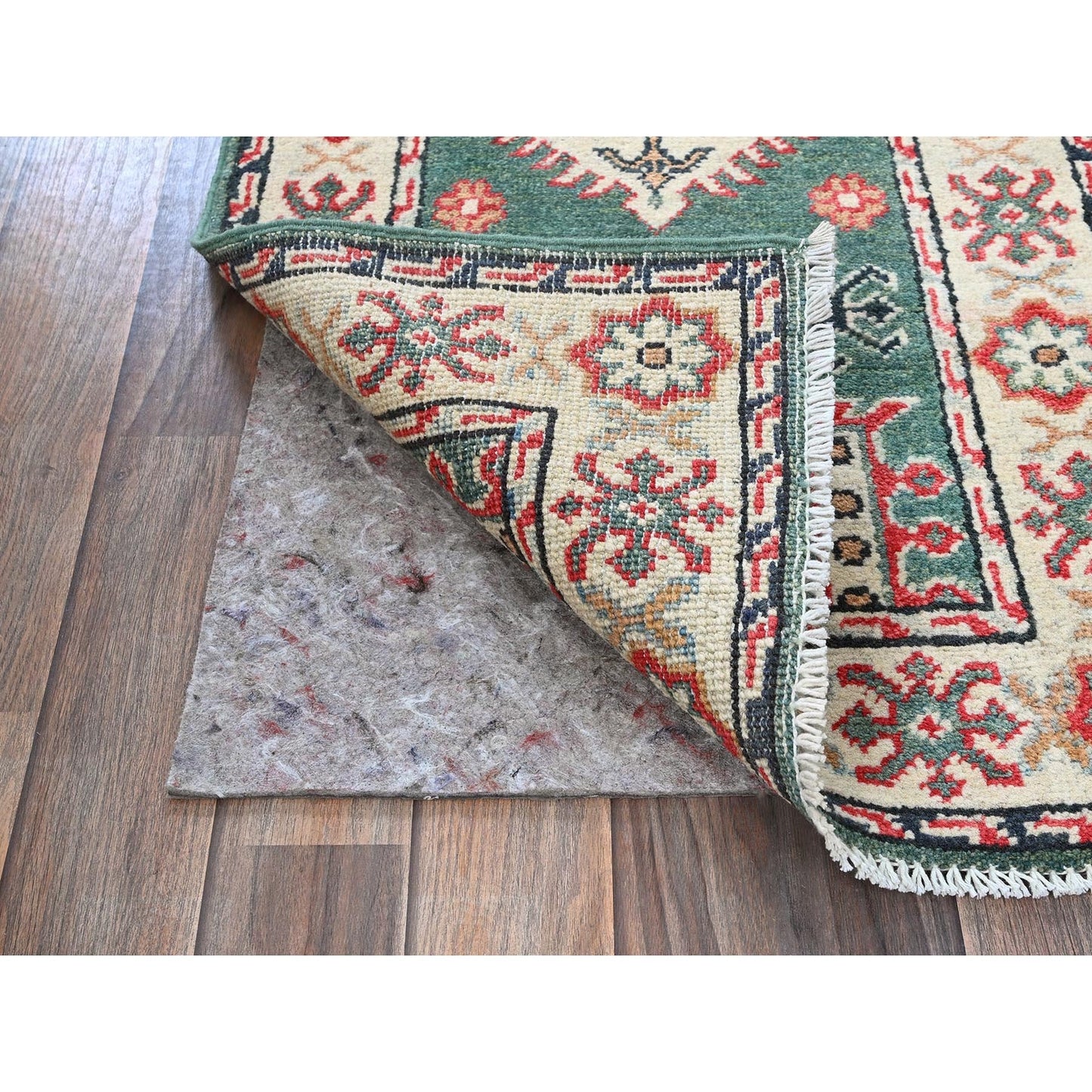 2'X5'10" Green Kazak With Geometric Design All Wool Hand Knotted Runner Rug