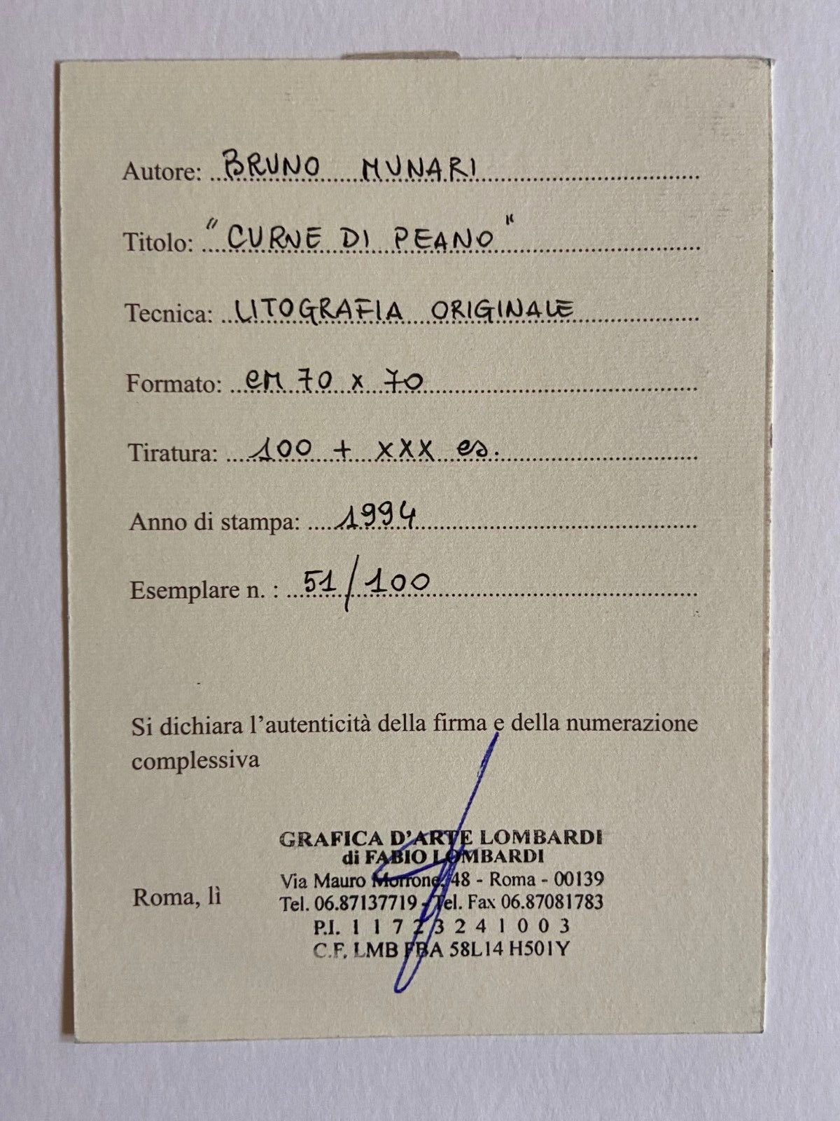 Bruno Munari "Peano Curves" Lithograph 1994 70X70 Cm Authenticated