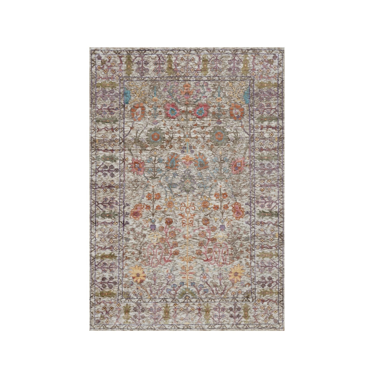 4'X6'1" Daisy White Silk With Textured Wool Hand Knotted Vase Design Rug