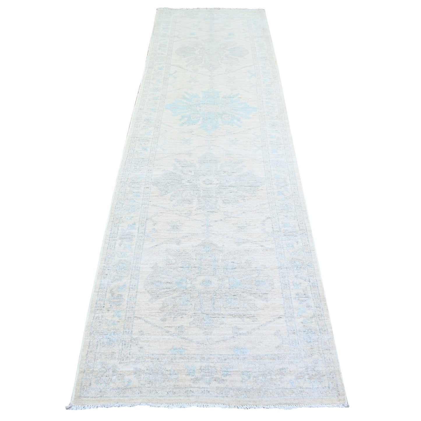 2'9"X9'5" Stone White Wool White Wash Peshawar Hand Knotted Runner Rug