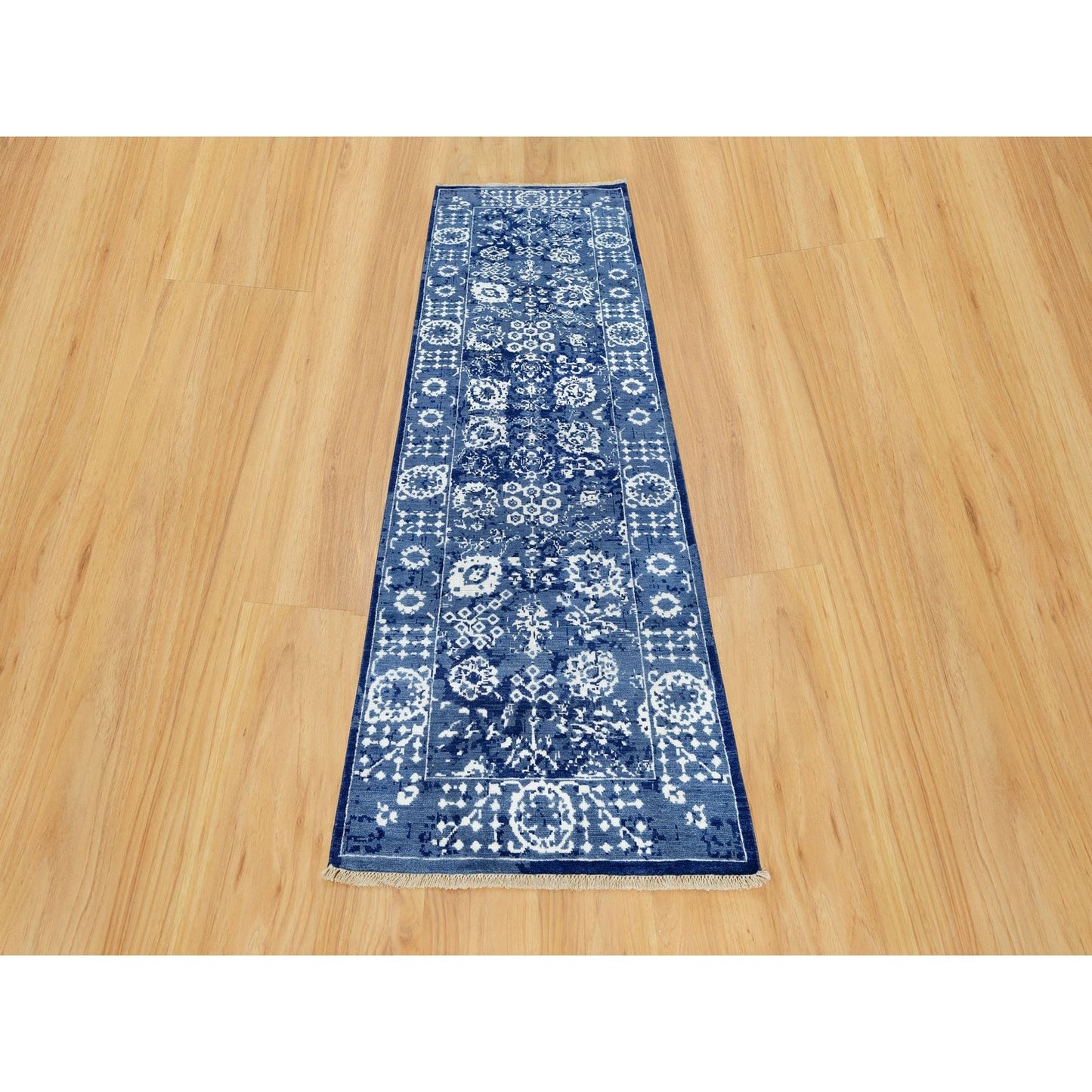 2'6"X8' Blue Hand Knotted Tebraz Leaf Design Wool And Silk Runner Rug