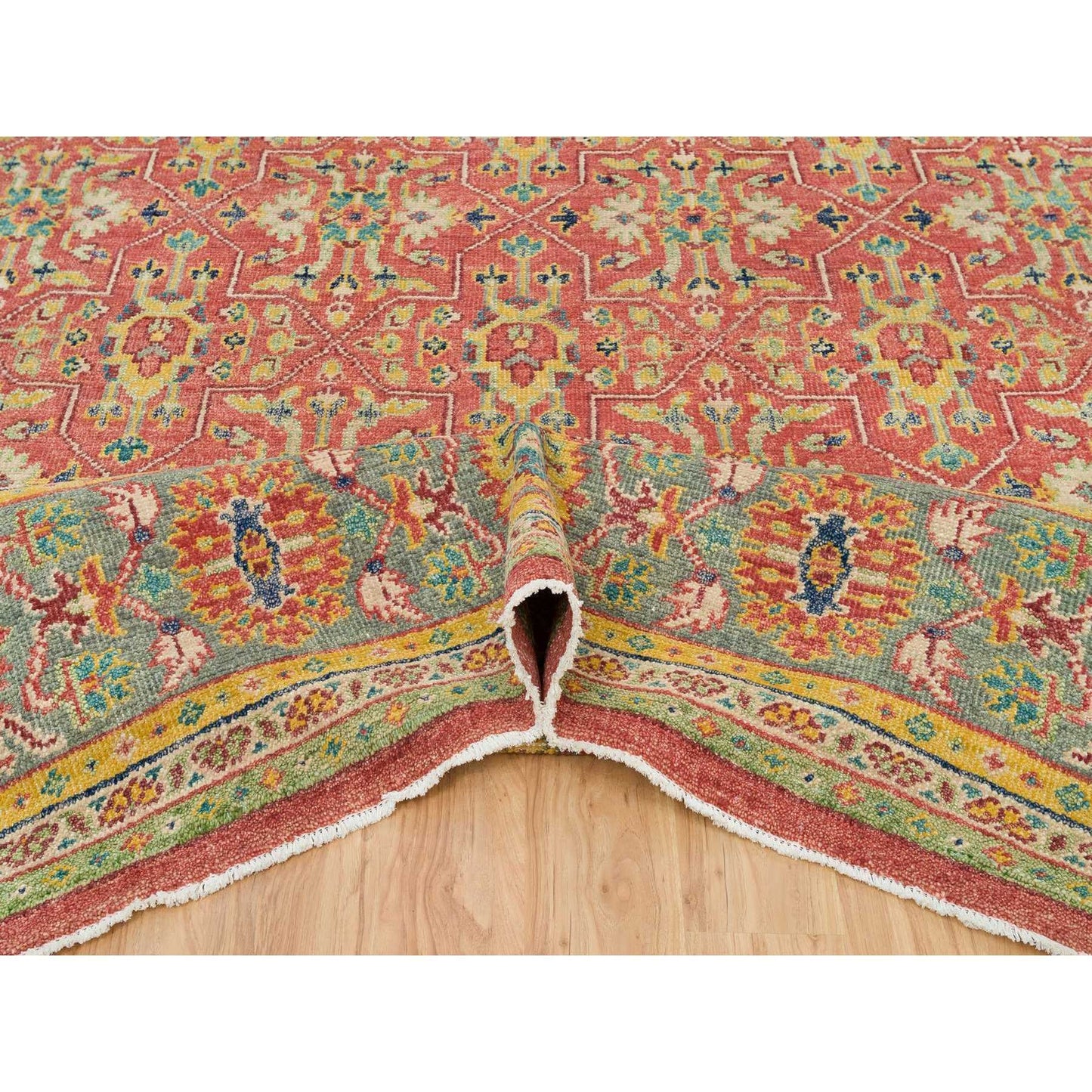 14'X16'5" Red Pure Wool Hand Knotted Antiqued Oushak Design Oversized Rug