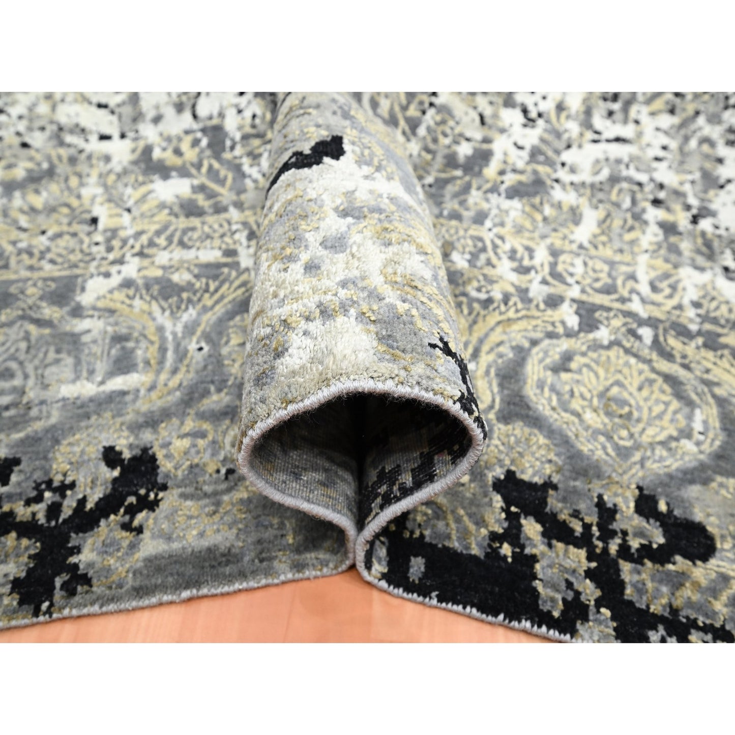9'X12'2" Gray Erased Zoroastrian Design Wool And Silk Hand Knotted Rug
