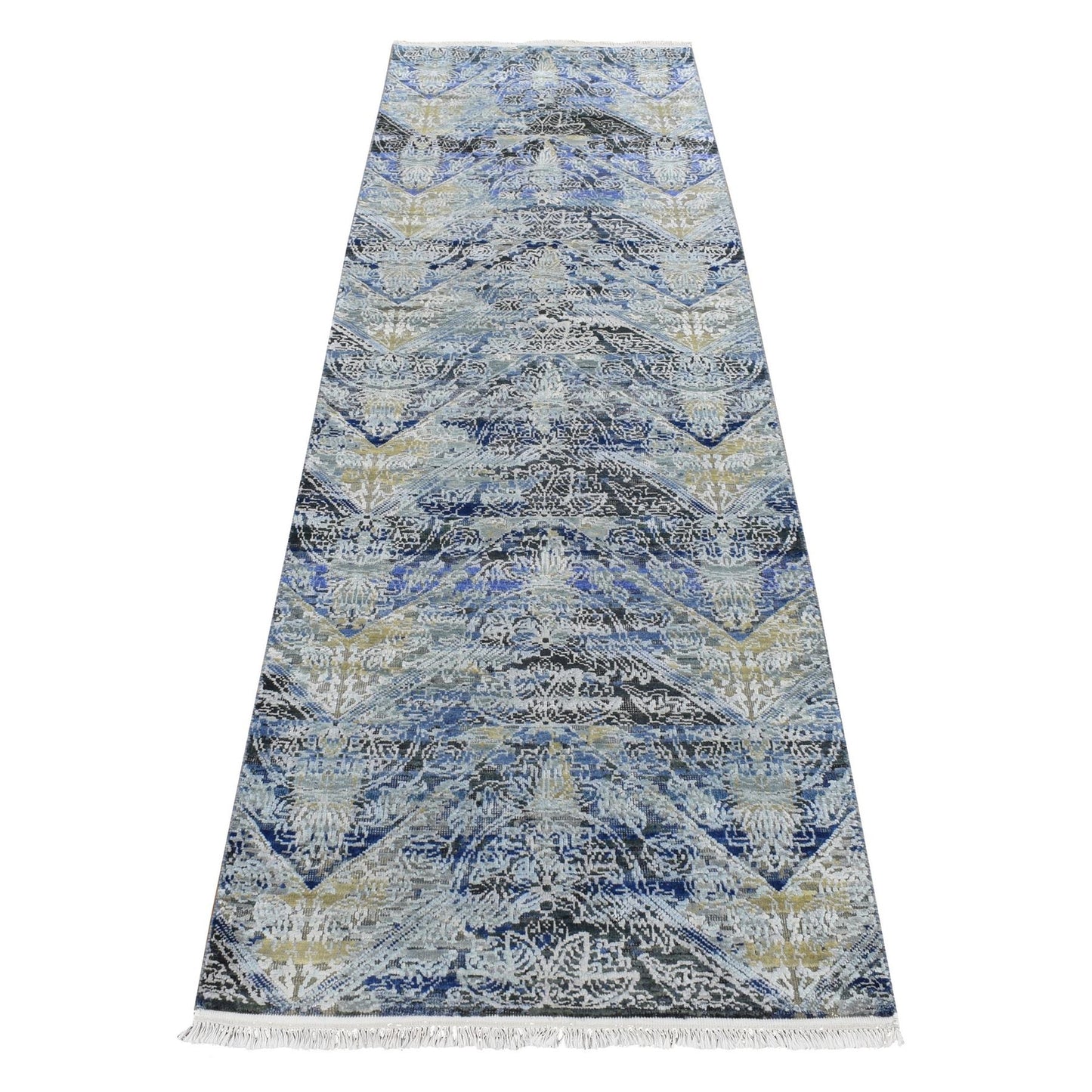 2'7"X8'3" Blue Broken And Erased Silk With Wool Hand Knotted Runner Rug