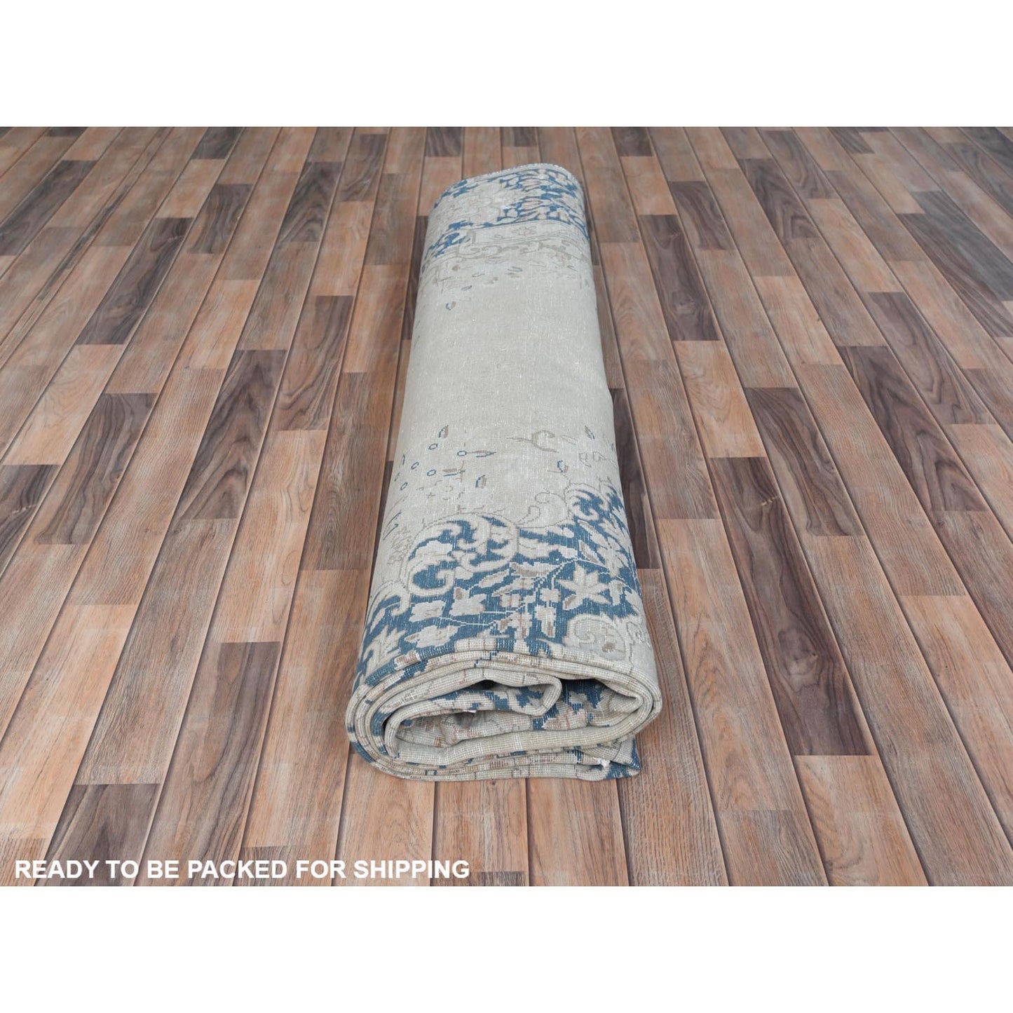 9'X12' Blue Worn Wool Hand Knotted Distressed Old Farsian Karman Rug