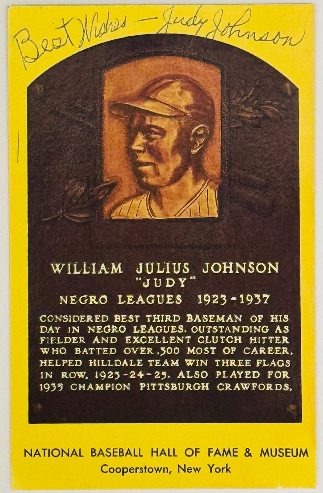 Judy Johnson Autographed Hall Of Fame Plaque Postcard