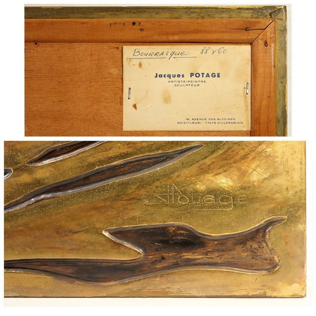Jacques Potage "Bourrasque" Large Brass & Lacquered Wall Panel French Sculptor