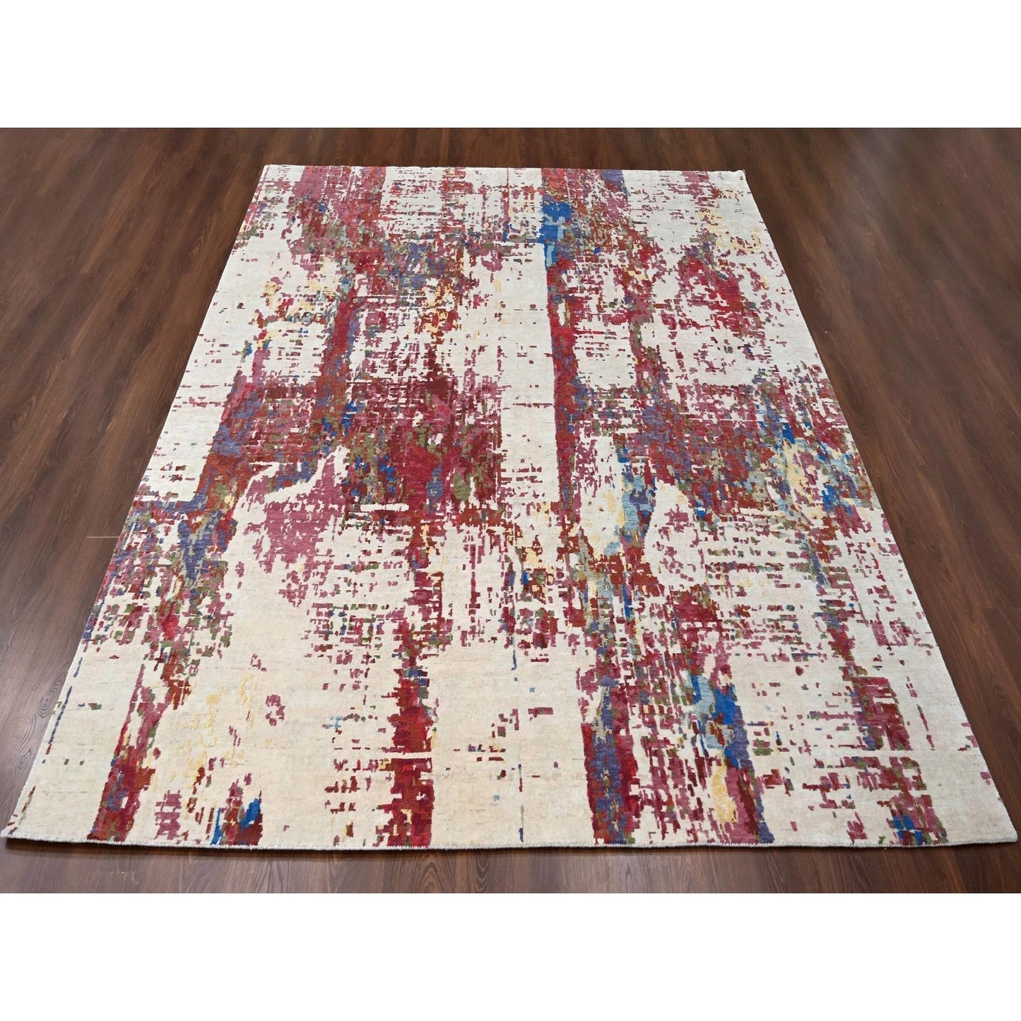 9'3"X12'2" Accessible Beige Pure Wool Abstract Design Hand Knotted Rug