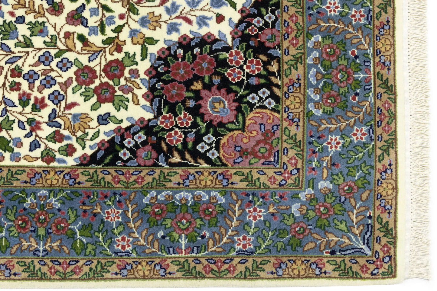 Handmade Kirman Oriental Rug Cream & Blue Floral