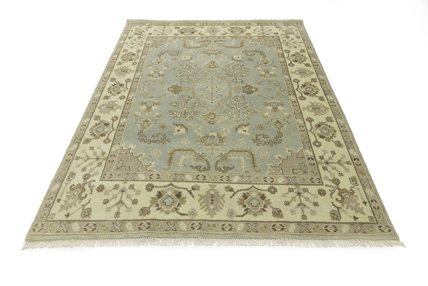 Handmade Oushak Chobi Wool Rug Light Gray Floral